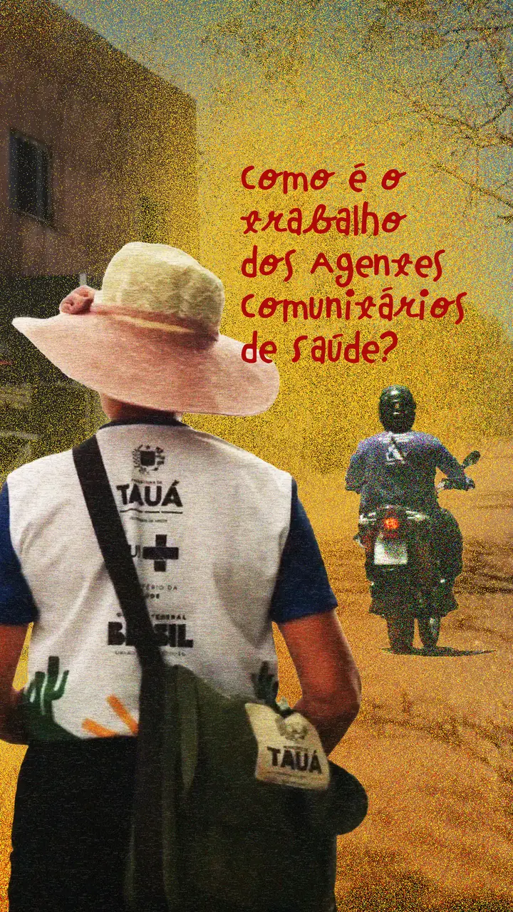 Agente de saúde de chapéu, de costas, com a pergunta: como é o trabalho dos agentes comunitários de saúde?